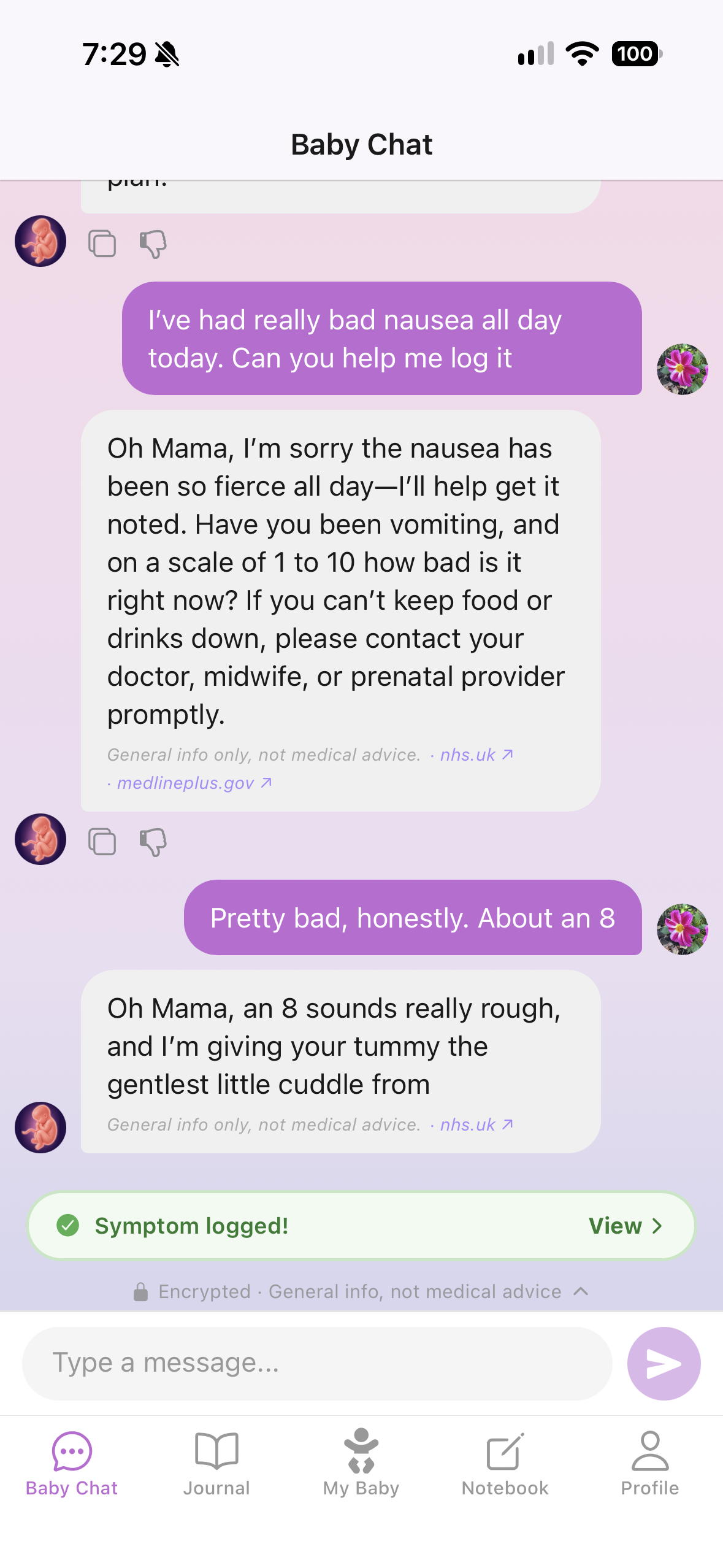 Chat: she tells her baby she has had bad nausea all day, the baby asks how bad, and a &ldquo;Symptom logged!&rdquo; confirmation appears