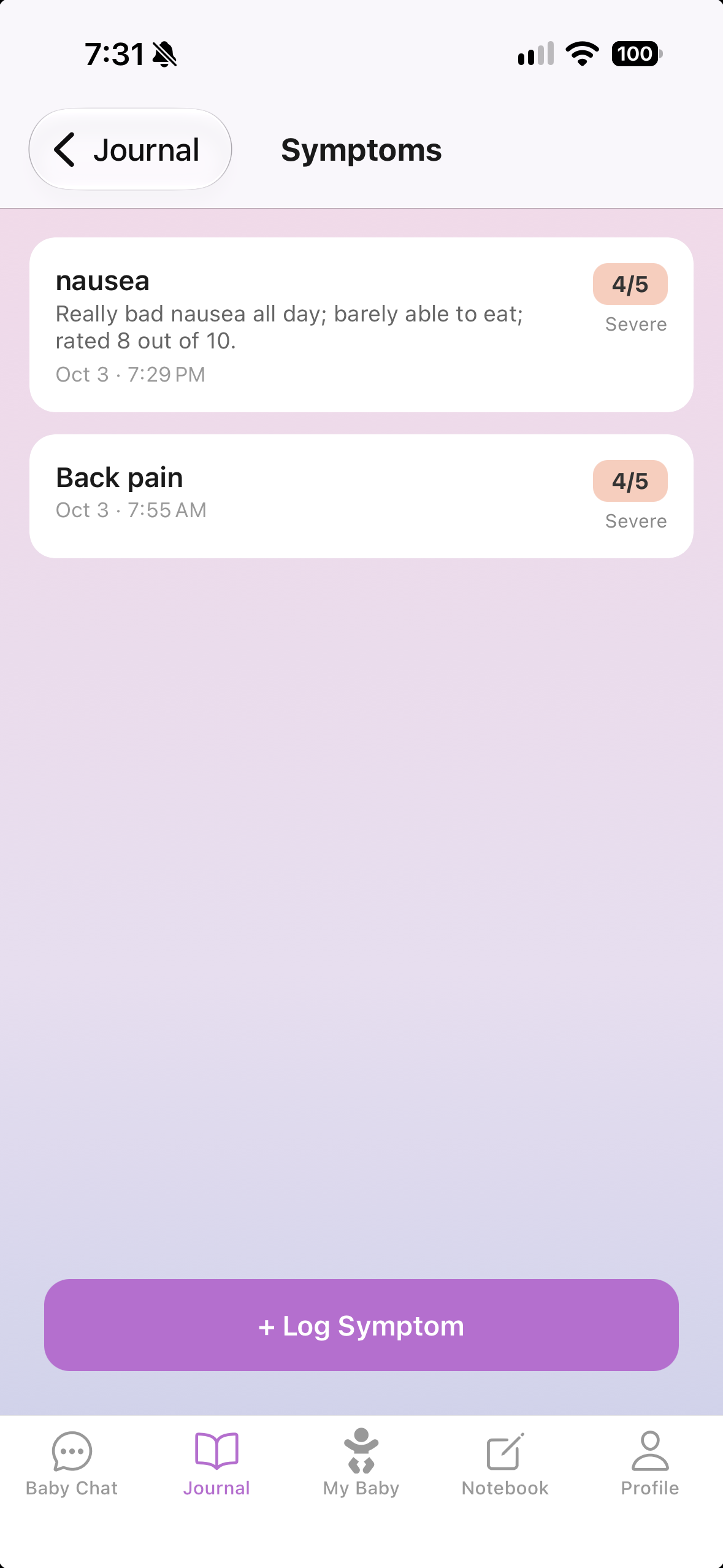 Her Symptoms list with the nausea entry, rated severe