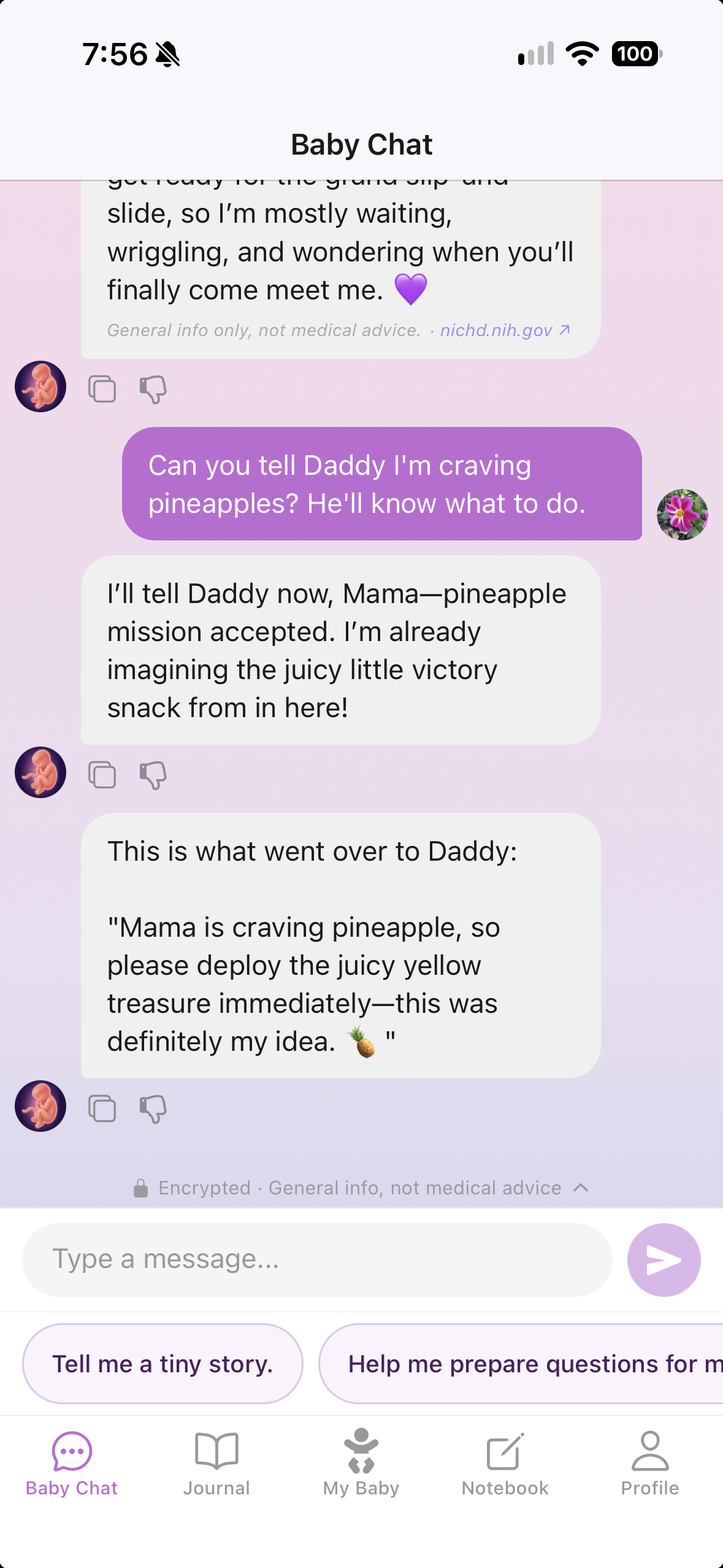 Chat: she asks her baby to tell Daddy she is craving pineapple, and the baby shows the note it sent