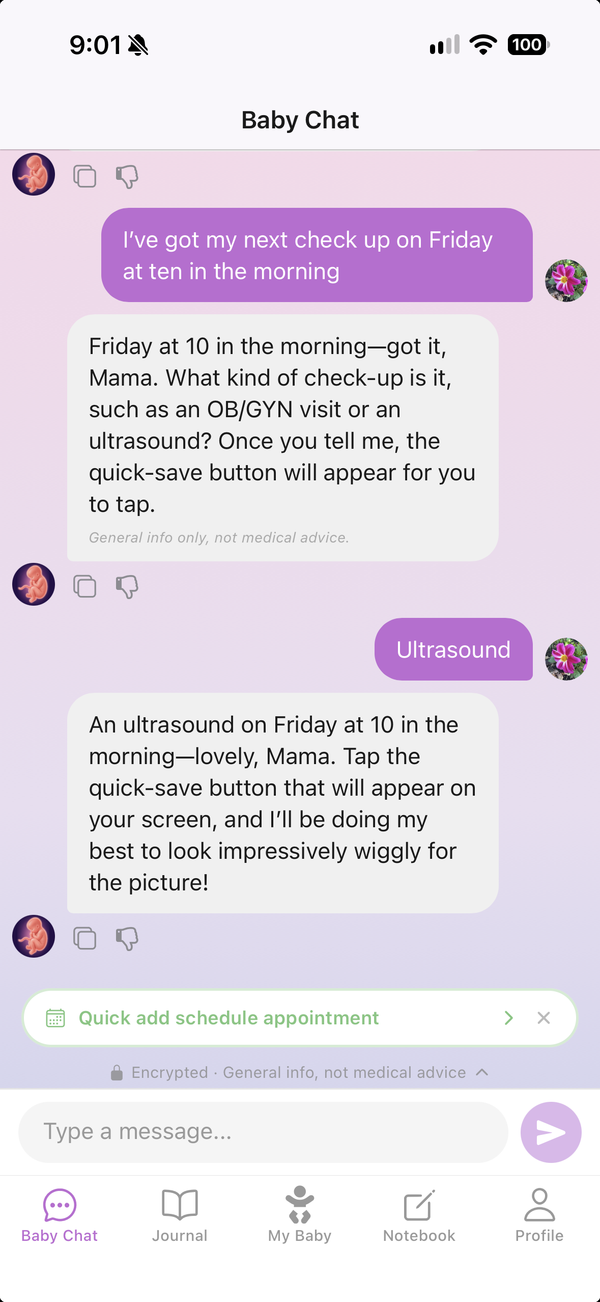 Chat: she mentions her ultrasound on Friday at ten, and the baby offers a quick-save button for the appointment
