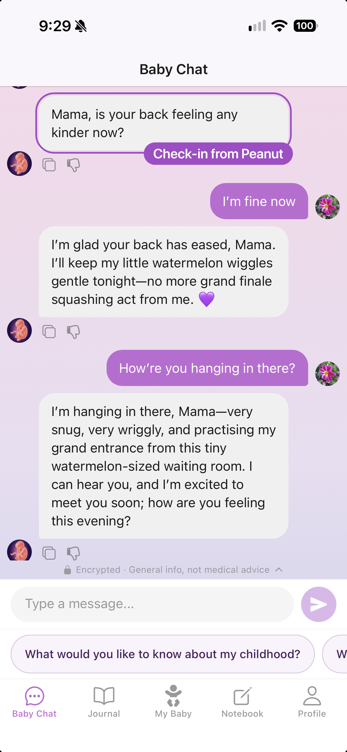 Chat: the baby checks in on its own, asking whether her back is feeling any kinder now, and she replies that she is fine