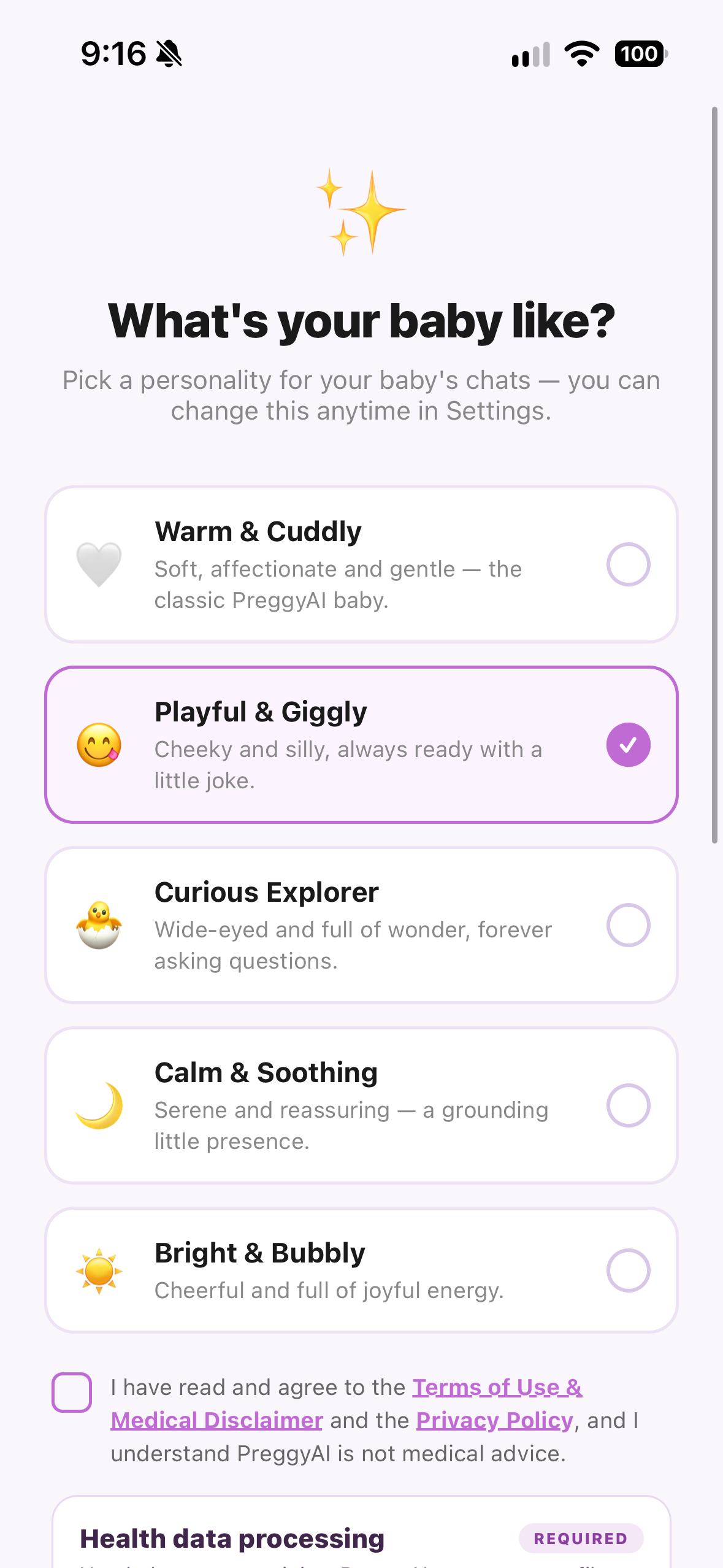 The personality picker with Playful & Giggly selected