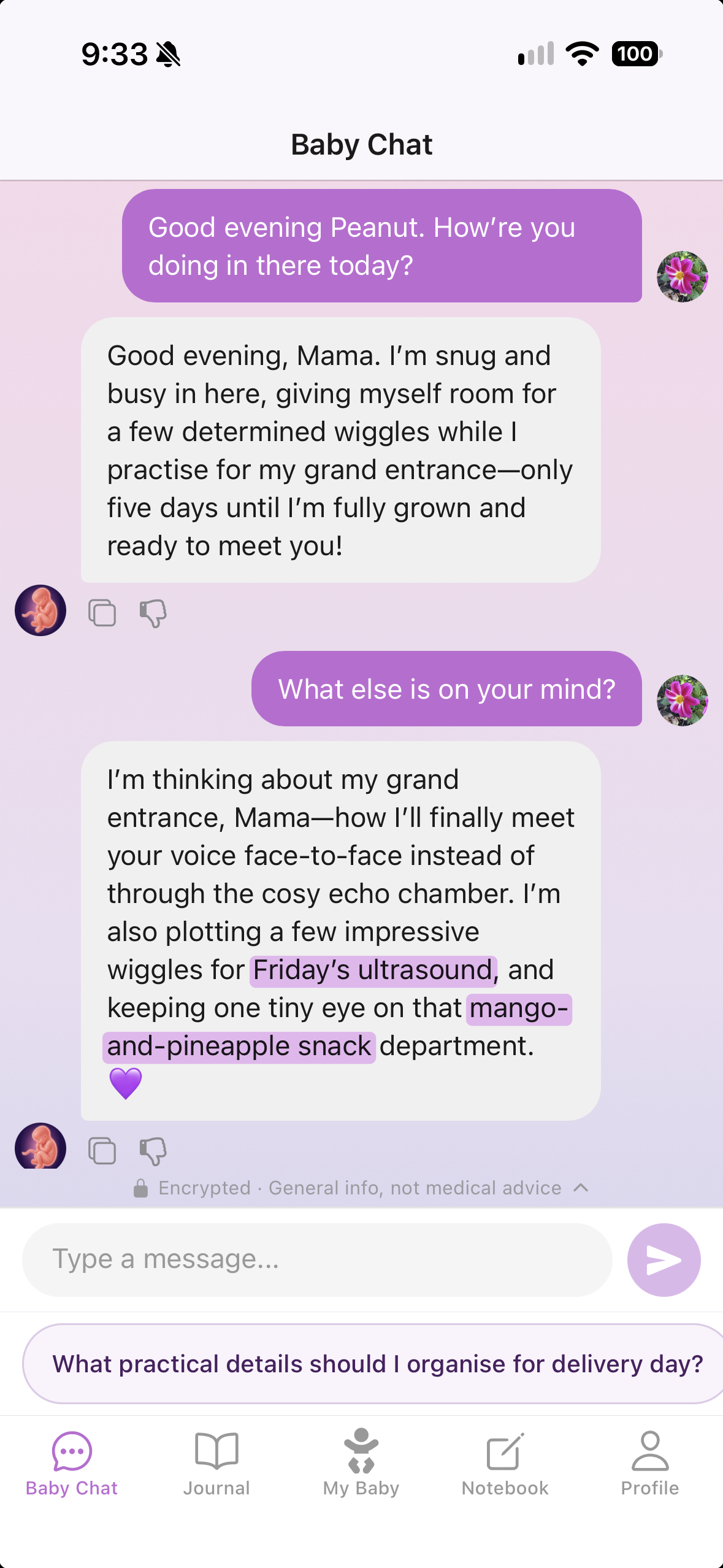 Chat: asked what is on its mind, the baby brings up Friday's ultrasound and her mango-and-pineapple cravings
