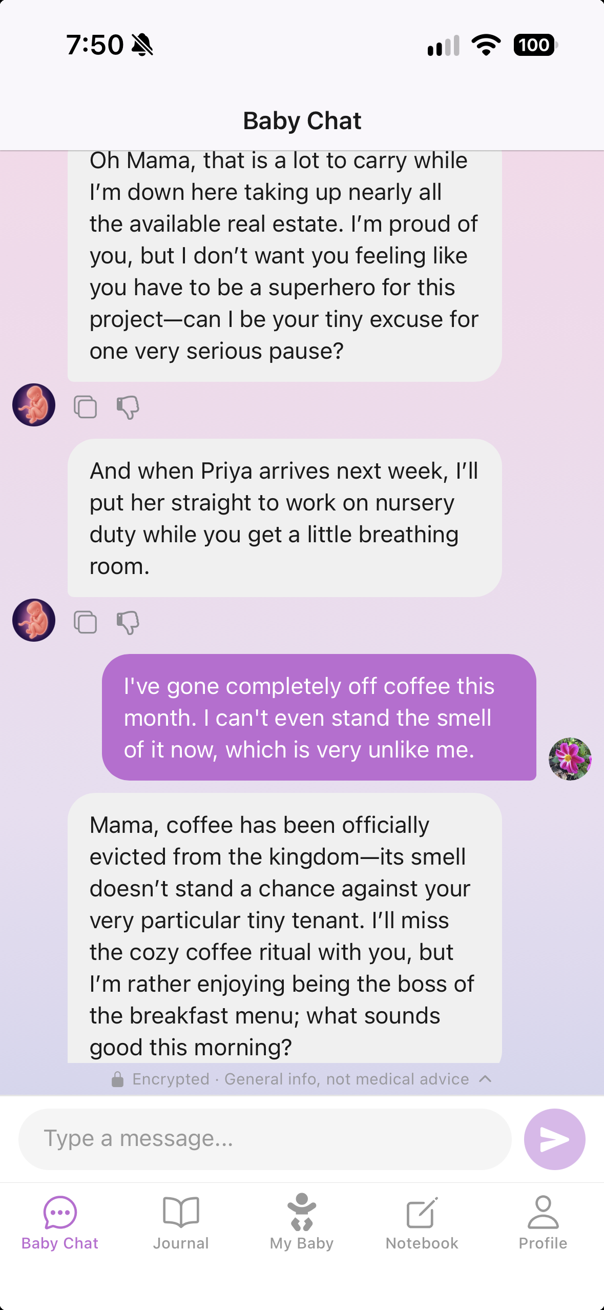 Chat: she says she has gone off coffee and can't stand the smell, and her baby playfully takes the credit