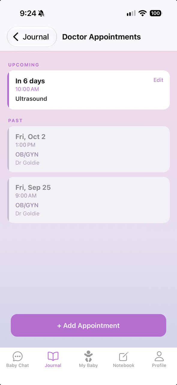 Doctor appointments: an upcoming ultrasound in six days, and past OB/GYN visits