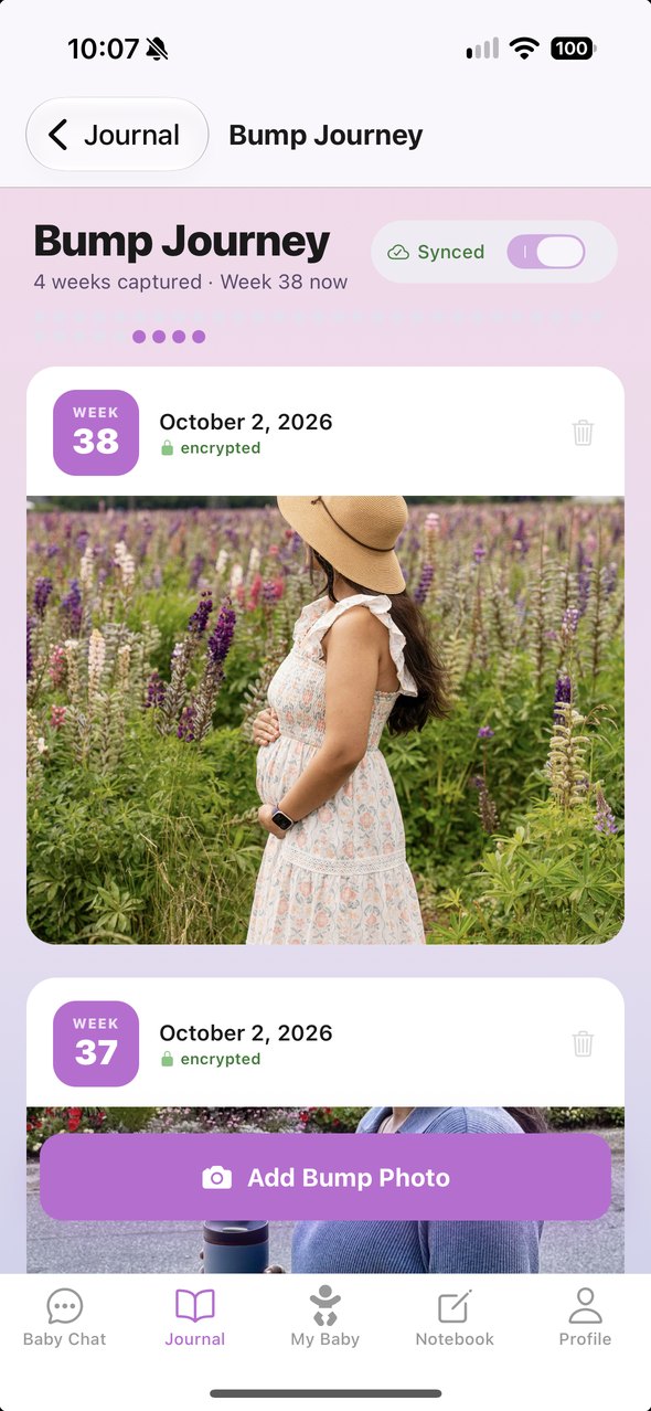 The Bump Journey timeline with dated weekly photos