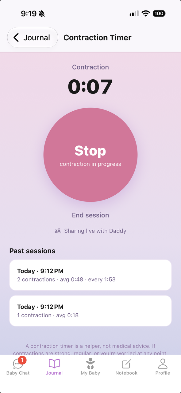The contraction timer mid-contraction, with past sessions listed below