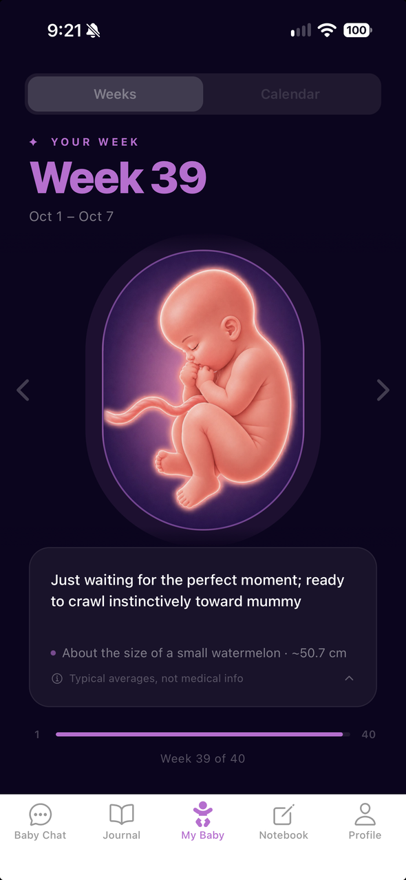 Week 39 growth screen: an illustration of the baby, with a note that it is about the size of a small watermelon