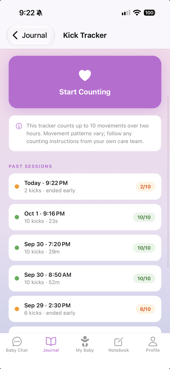 The kick tracker with a Start Counting button and past counting sessions
