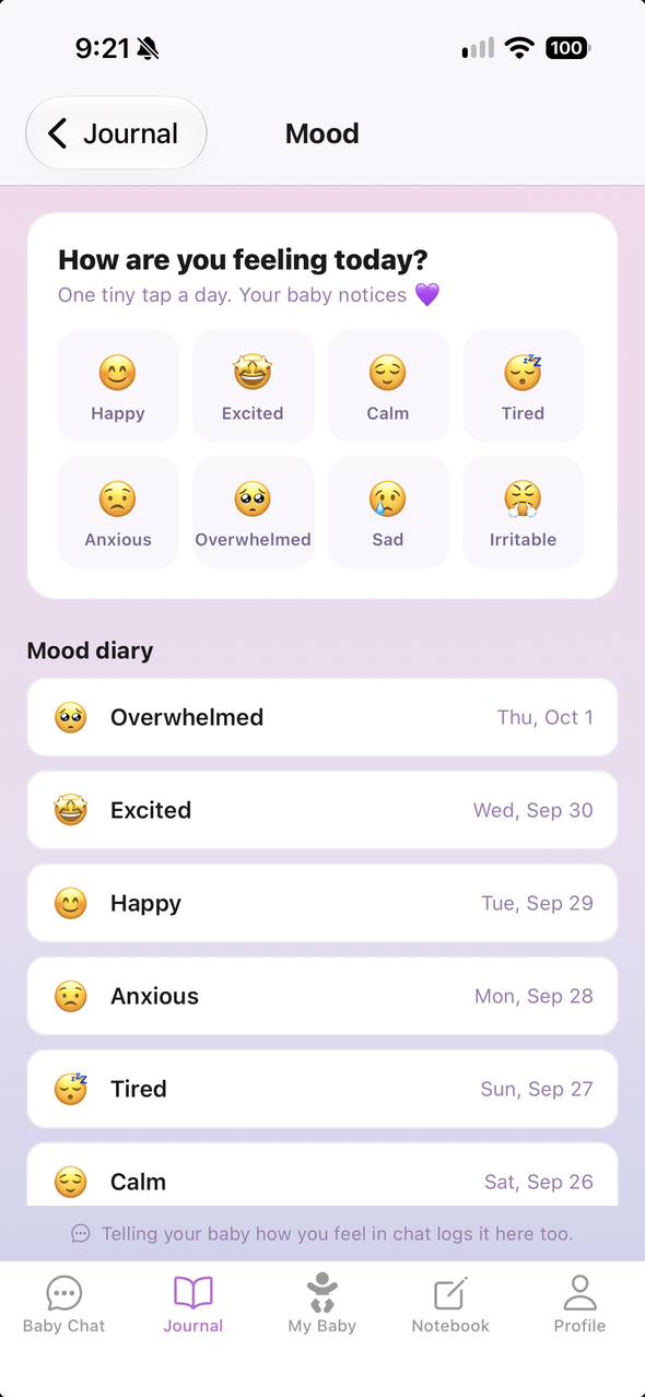 The mood check-in with eight moods to tap, and a mood diary of recent days