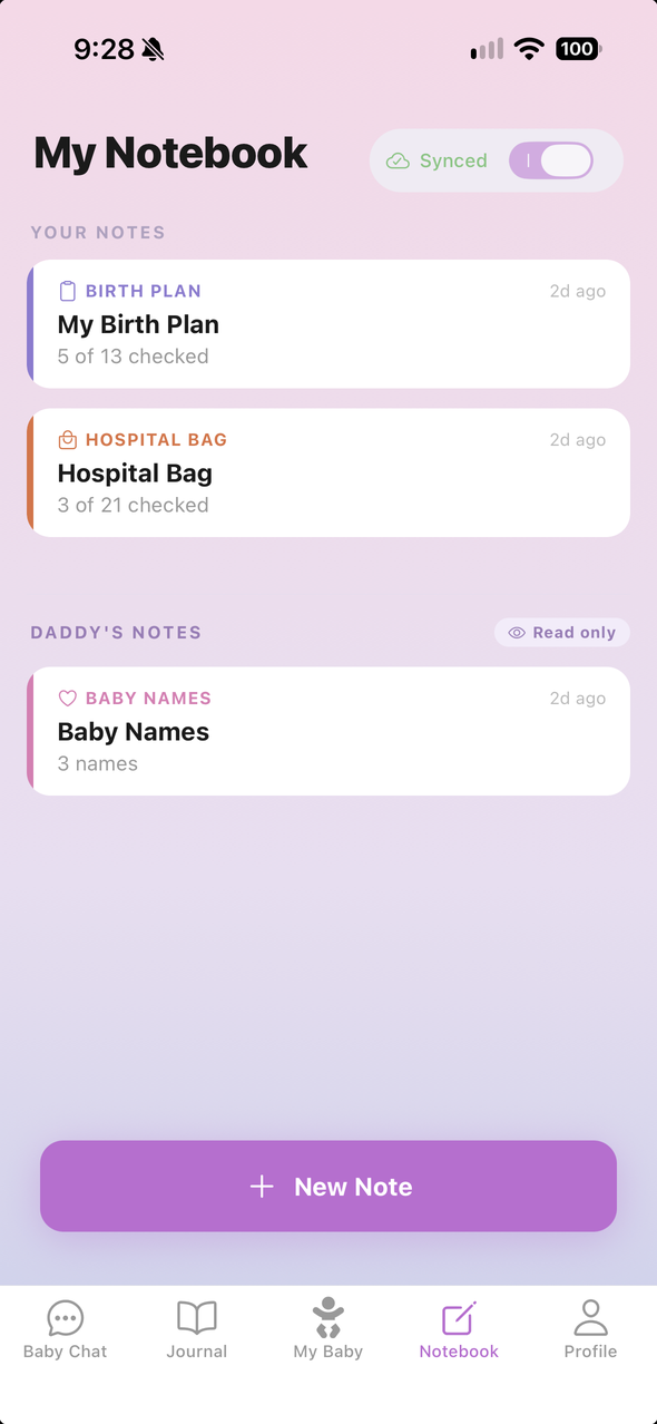 My Notebook: a birth plan and hospital bag checklist, plus a baby-names note shared from Daddy